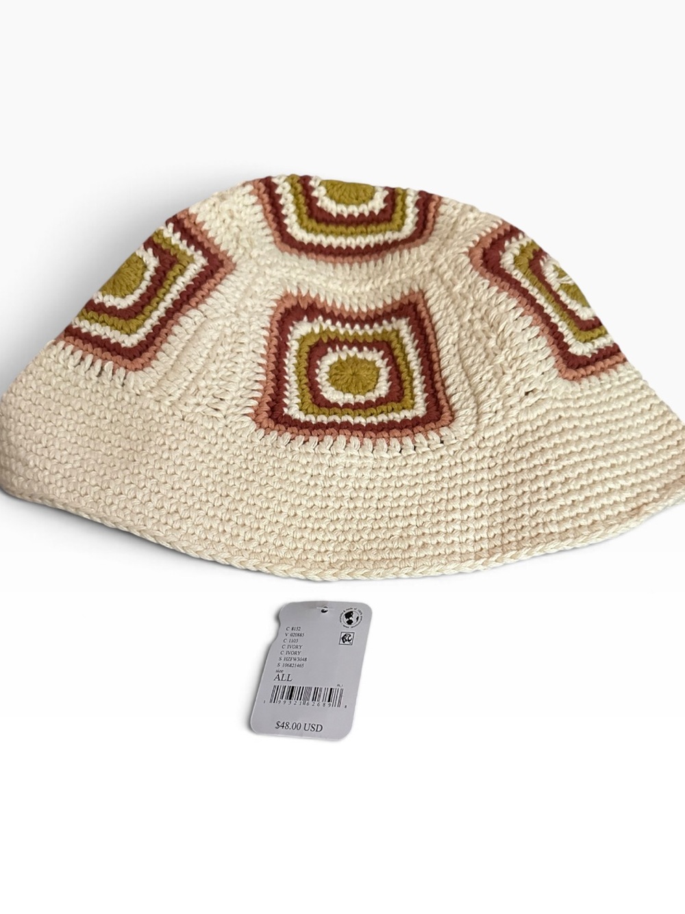 Free People Cream Crochet Bucket Hat with Rust and Olive Accents